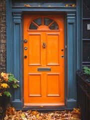 Vibrant orange door, autumn leaves, inviting entrance.  A bold, welcoming image perfect for home décor, real estate, or seasonal themes.