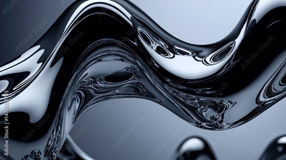 Poster a flowing abstract shape with reflective metallic surfaces