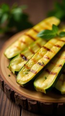 Grilled zucchini slices with char marks on a wooden board, perfect for healthy summer recipes and vegan dishes