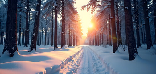 background: a serene snowy forest at dawn