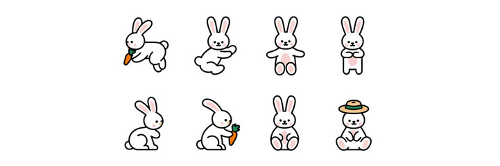 Obraz premium Bunny icon set in various poses like hopping, sitting, standing, and holding objects – Ideal for seasonal promotions, Easter branding, or playful design resources.
