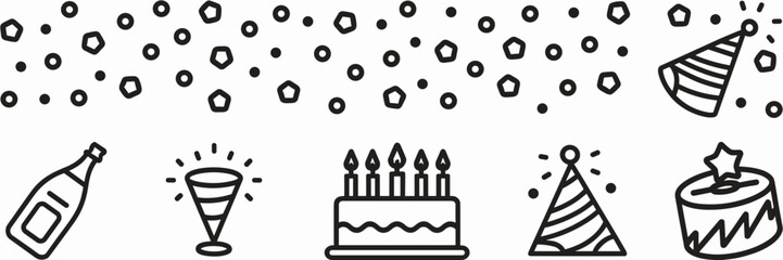 Fototapeta premium Celebration icon set with confetti, champagne bottle, party horn, cake, and party hat – Great for party invitations, holiday promotions, or festive event branding.