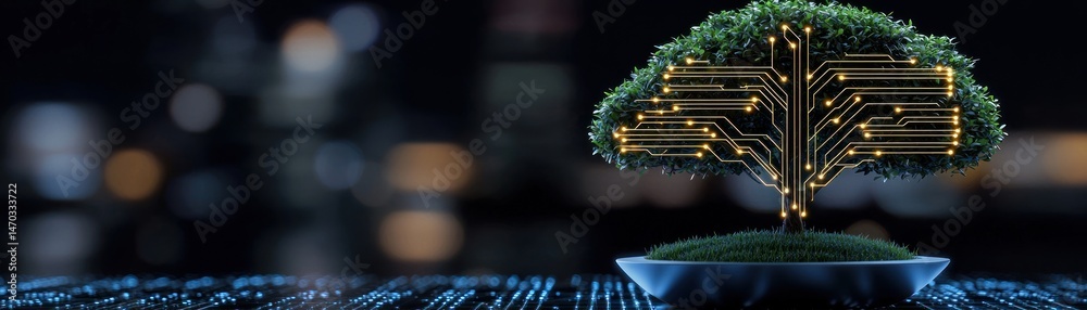 Poster a futuristic tree with integrated circuits growing in a pot