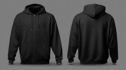 Ultra quality image of black pullover hoodie with zipper mockup for men with front and back view. hoodie mock-up template .