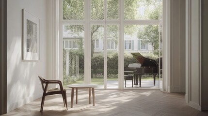 Spacious interior view with piano and garden.