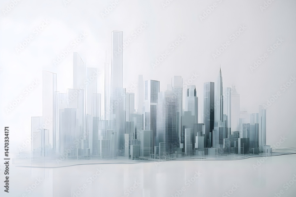 Poster 白い背景に透明なガラスの都市景観 抽象的な高層ビル群と未来的なスカイライン 建築デザインと反射光