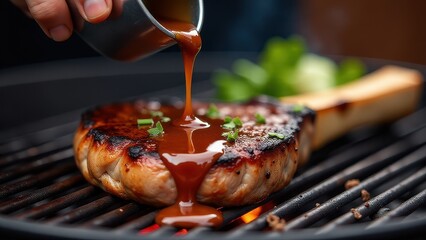 Juicy grilled steak sizzling on a barbecue with rich sauce being poured over, capturing the essence of outdoor cooking