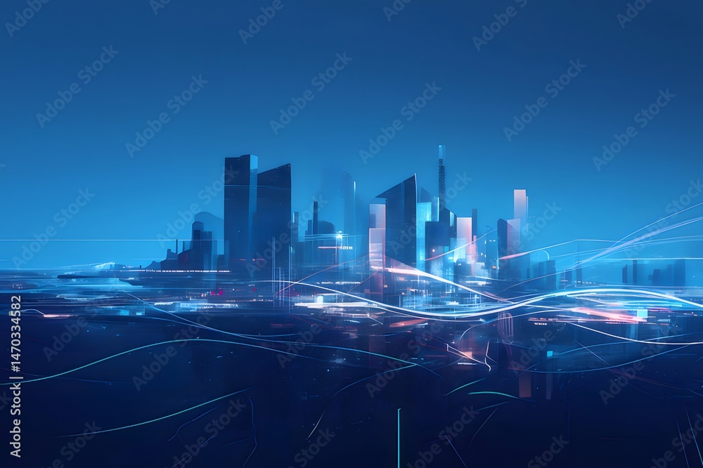 Poster 抽象的な青い都市の夜景 ぼかし照明と幾何学的な形を描いた高層ビル群のパノラマ風景