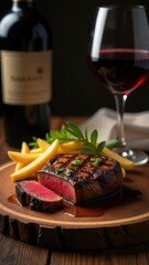 A juicy grilled steak with garnish is elegantly presented alongside a glass of red wine on a rustic wooden plate, creating a gourmet dining ambiance
