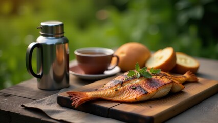 Grilled fish served on a wooden board with fresh herbs, alongside a metal thermos, a cup of tea, and sliced bread against a blurred natural background