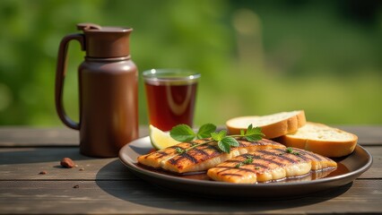 Grilled fish served on a wooden board with fresh herbs, alongside a metal thermos, a cup of tea, and sliced bread against a blurred natural background