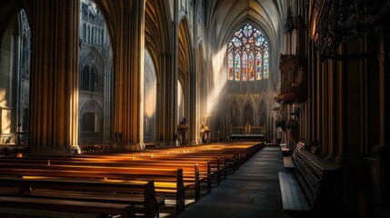 Sunlight streams through stained glass in grand cathedral