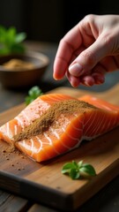 A close-up of a hand sprinkling spices on fresh salmon fillet on a wooden board, highlighting culinary preparation and ingredient details