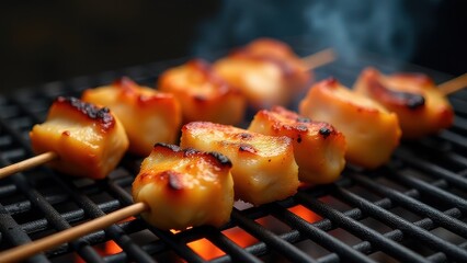 Juicy grilled chicken skewers sizzling over a hot barbecue, releasing flavorful smoke