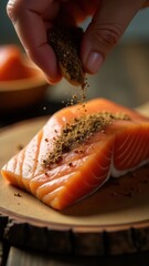 A close-up of a hand sprinkling spices on fresh salmon fillet on a wooden board, highlighting culinary preparation and ingredient details