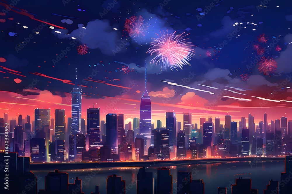 Aufkleber 赤い空と花火のある都会の夜景 高層ビルが立ち並び 川面に光が反射する美しい都市景観