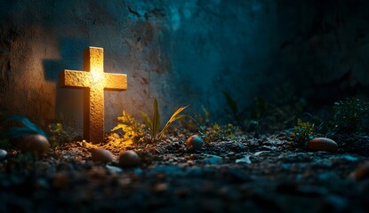 Illuminated cross on a dark textured ground.
