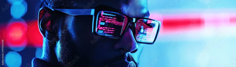 Poster a person wearing glasses with code reflection in the lenses