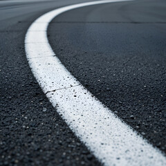 Fototapeta premium CloseUp of a Curved Road Marking with White Lines on Asphalt Ideal for Transportation and Urb