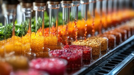 Colorful liquid ingredients in laboratory of culinary creativity