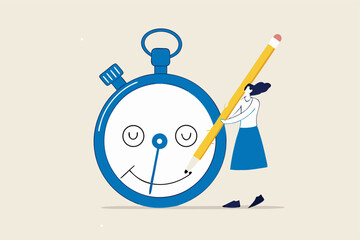 Time management, manage project deadline, improve work efficiency or productivity to finish project on time concept, happy entrepreneur woman drawing smile face on time counting down timer clock.