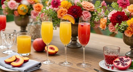 Assortment of mimosa variations (classic, peach, pomegranate) in champagne flutes with fruit garnishes. Brunch table setting with flowers