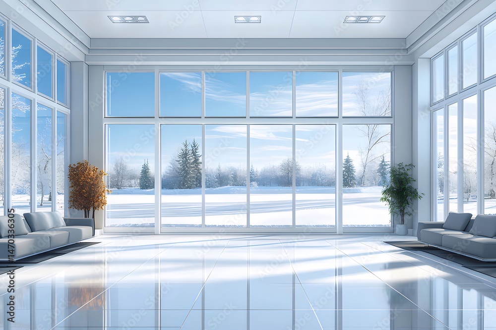 Poster 広々とした白いインテリアデザインの部屋から見える冬の雪景色 パノラマの窓から自然光が差し込む現代的なデザイン空間