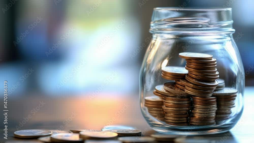 Poster a jar filled with coins sits on a table