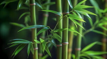 Vibrant green bamboo stalks and leaves growing in nature