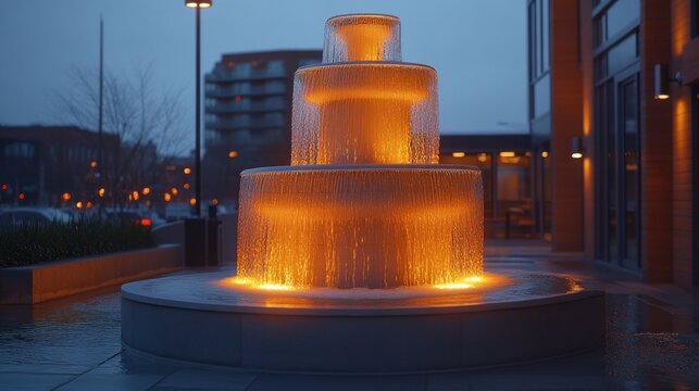 Multi-tiered fountain with cascading water, illuminated by warm light