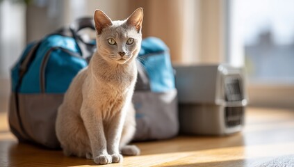 A serene feline sits before travel accessories, bathed in natural sunlight, posing calmly, ready for adventure