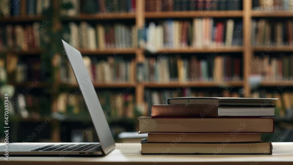 Aufkleber This image shows a laptop and stacked books on a wooden table with a full bookshelf in the background, suggesting a setting for study, research, and learning in school or university.