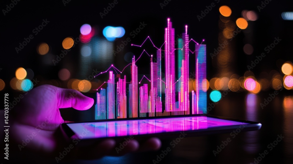 Poster a hand holding a smartphone displaying data visualization at night