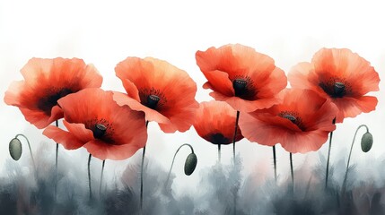 Vibrant red poppies swaying gently in a soft, ethereal landscape with a misty background