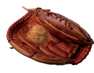 Closeup of a wellworn, brown leather baseball glove, showcasing its texture and craftsmanship.