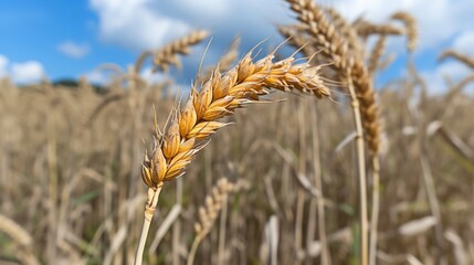 Golden wheat spike in tall grain field under bright blue sky