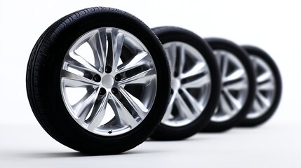 Fototapeta premium Shiny alloy wheels lined up in a row showcase modern automotive design. Each wheel displays elegance and functionality. Perfect for car enthusiasts and advertisements. AI