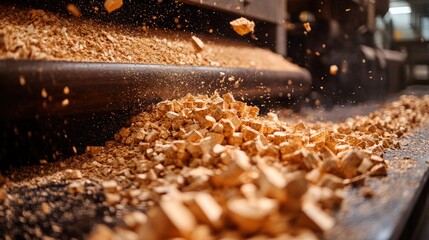 Close up of wood chips falling from conveyor belt in manufacturing environment