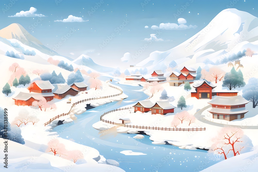 Aufkleber 雪山と川が流れる村の風景 冬の日本の村と山の景色 伝統的な建物と自然の美しさ 冬休み旅行のコンセプト