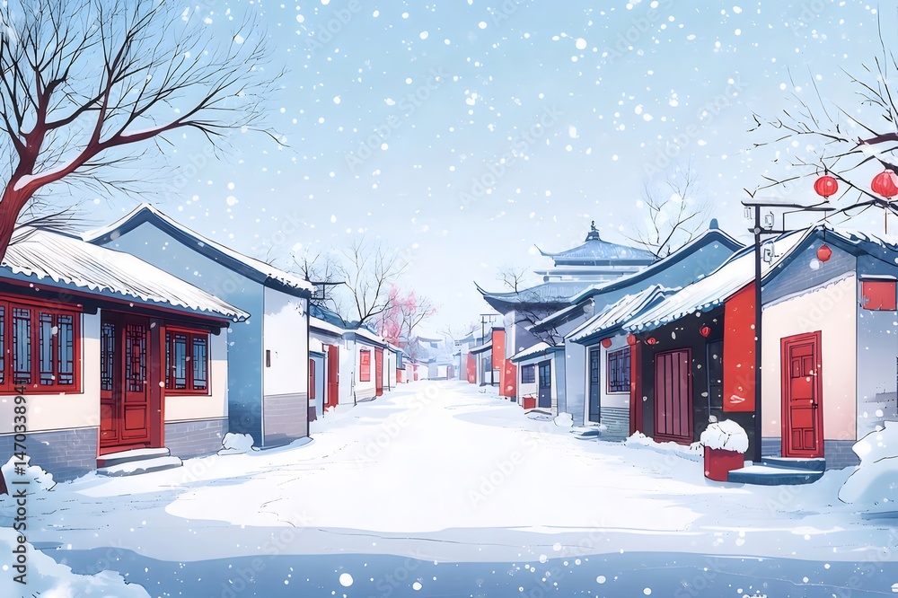 Aufkleber 雪の降る中国の伝統的な通りの冬のシーン赤いアクセントのある白い建物と雪に覆われた屋根のある穏やかな雪の日の風景