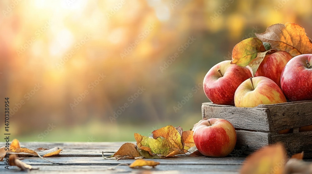 Poster fresh red apples and leaves resting on rustic wooden surface