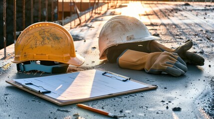 Construction site safety equipment hard hats and gloves on a site with clipboard at sunset
