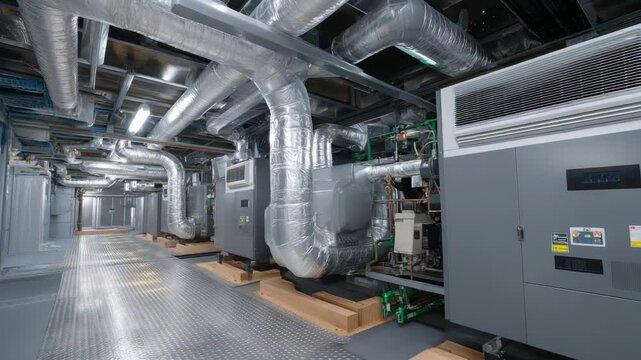 Large industrial HVAC system room with reflective metal ductwork and gray machinery equipment in a row with vents and pipes