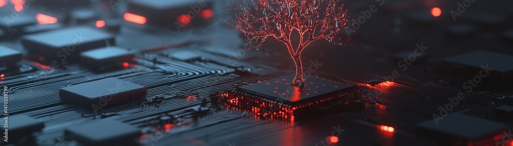 Poster a glowing red tree sprouting from an electronic circuit board
