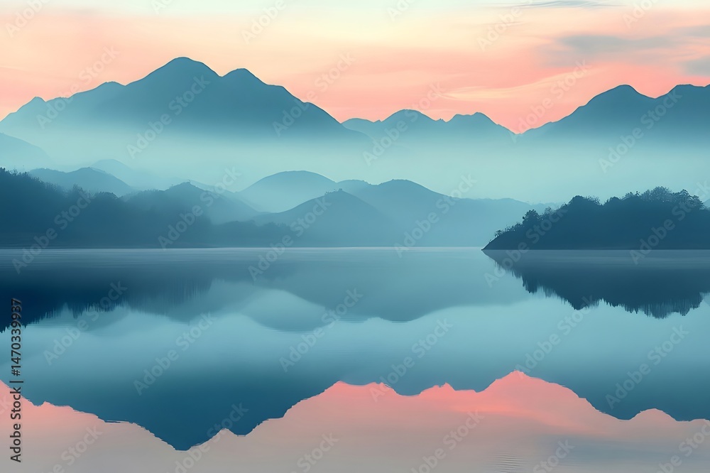 Aufkleber 薄いピンクの空と青い山と湖の穏やかな風景 反射のある穏やかな水面と朝の光が平和な雰囲気を作り出す 背景はぼやけています