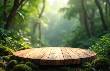 Wooden platform jungle forest backdrop. Display table for product presentation. Circular wood surface moss, plants, leaves natural background. Nature, eco-friendly theme, display stand outdoor