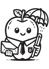 Coloring book apple dressed as a postman, holding a letter and a pen under a small umbrella with raindrops