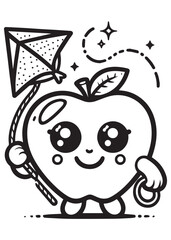 Coloring book apple flying a diamond kite with a happy expression and sparkling stars around.