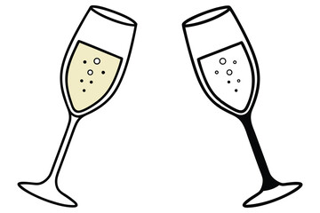 Two simplistic line art champagne flutes are filled with sparkling bubbles and drink