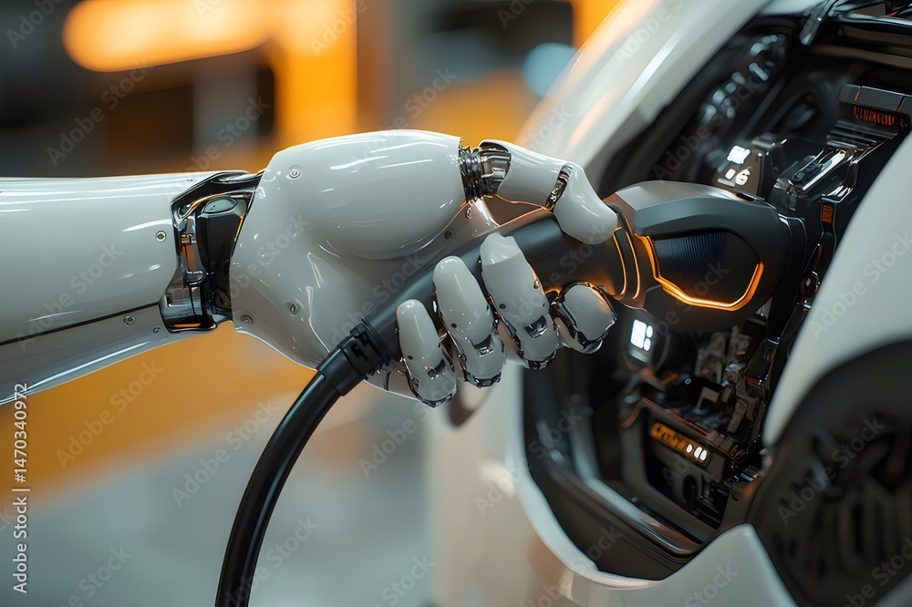 Aufkleber 充電プラグを接続するロボットアームを備えた白い電気自動車のクローズアップ